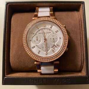 Michael Kors Women's Chronograph White and Rose Gold Tone Stainless Steel